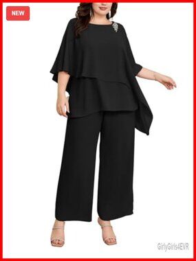 Plus Size Chiffon Pant Suit Set Cape Sleeve Mother of Bride Wedding Guest